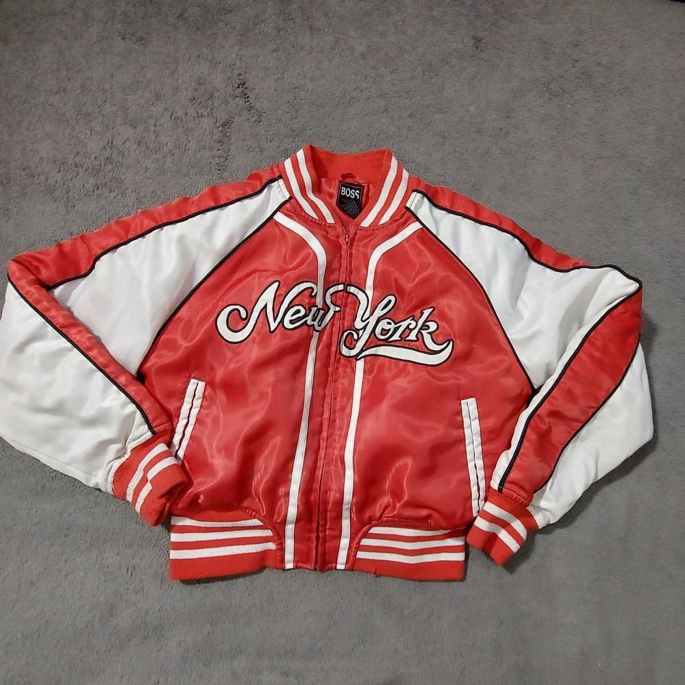 New York Jacket Unisex Medium Boss Fashion Red White Full Zipper Long Sleeve